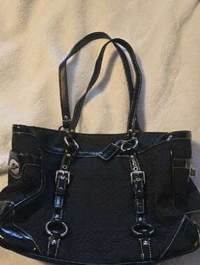 Coach Black Tote with Patent Trim and Silver Hardware